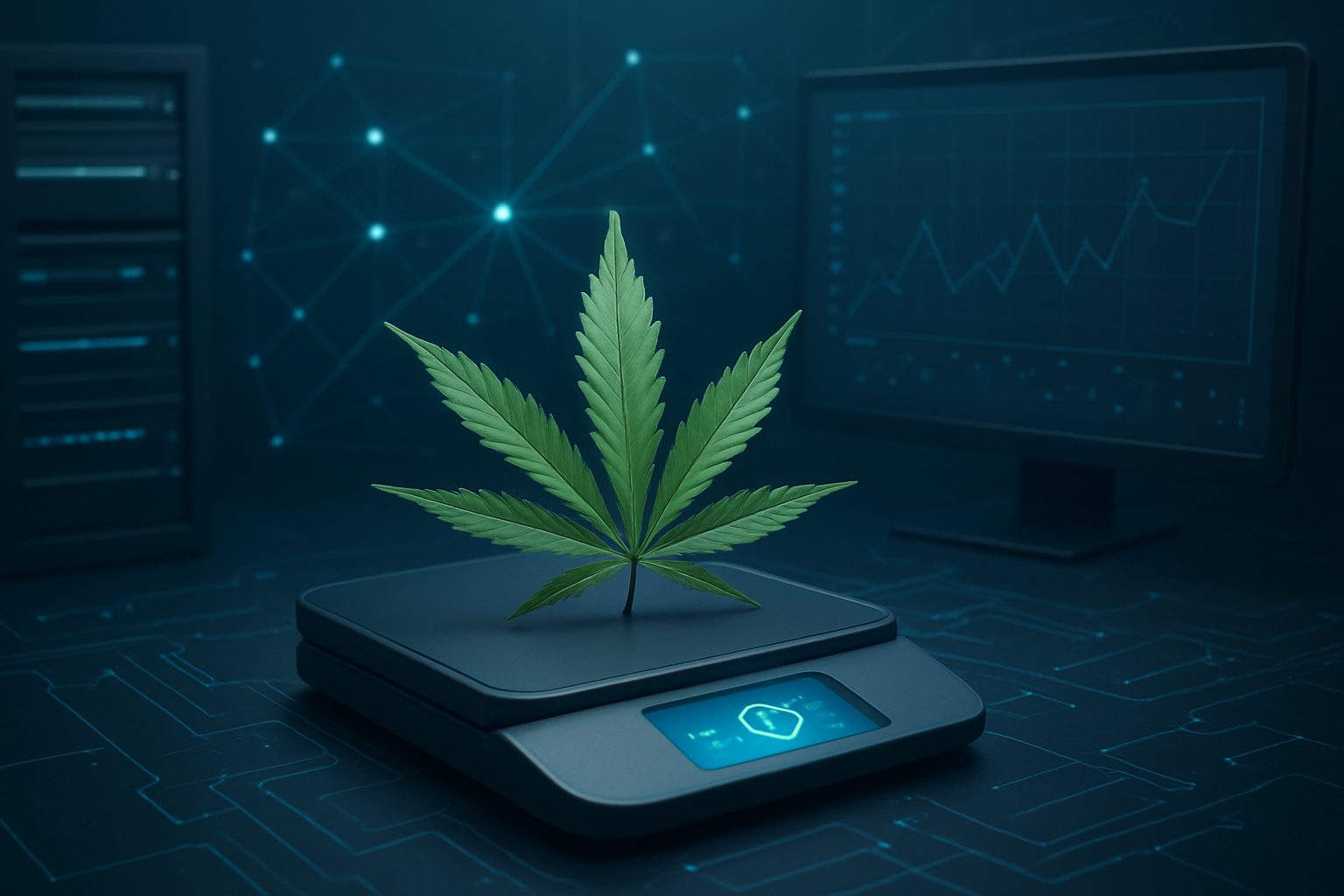 A cannabis leaf placed on a digital scale in a tech-inspired environment with data graphics in the background