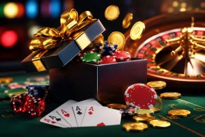 A gift box spilling poker chips, playing cards, and casino elements on a green table with a roulette wheel in the backgr