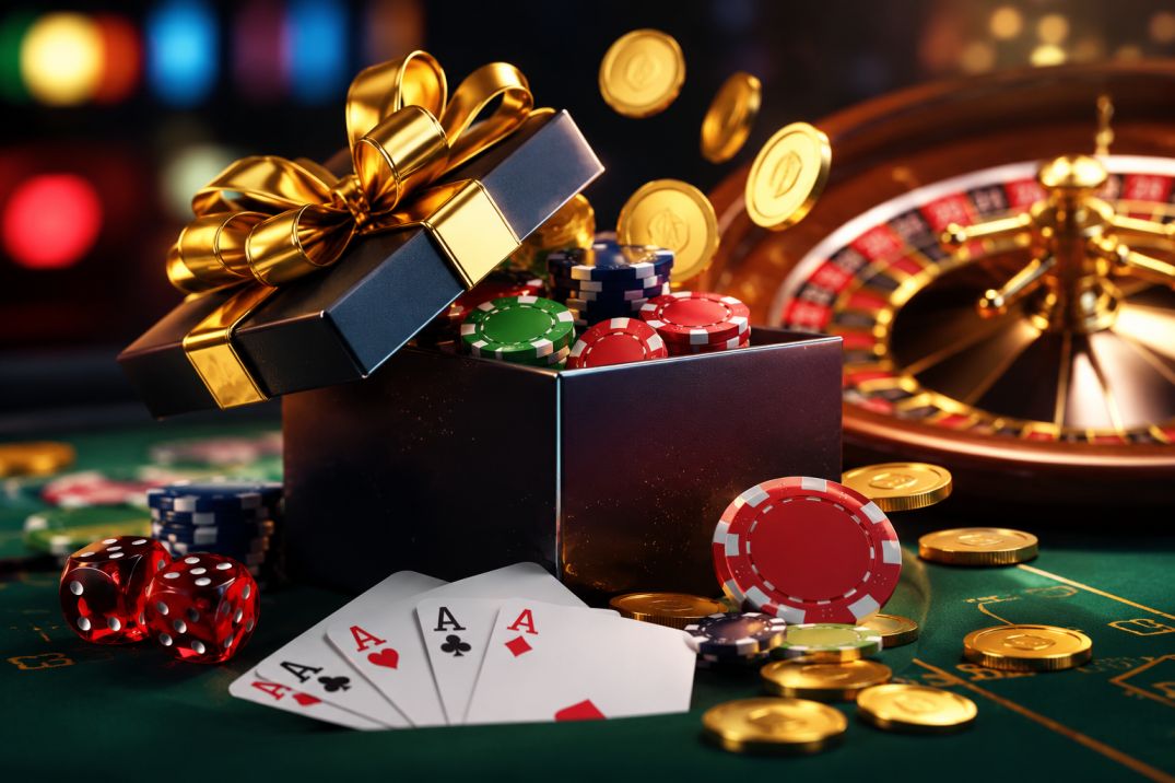 A gift box spilling poker chips, playing cards, and casino elements on a green table with a roulette wheel in the backgr