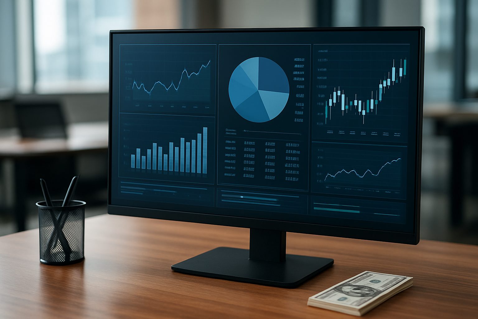 Desktop monitor displaying various trading graphs and charts with a focus on financial data